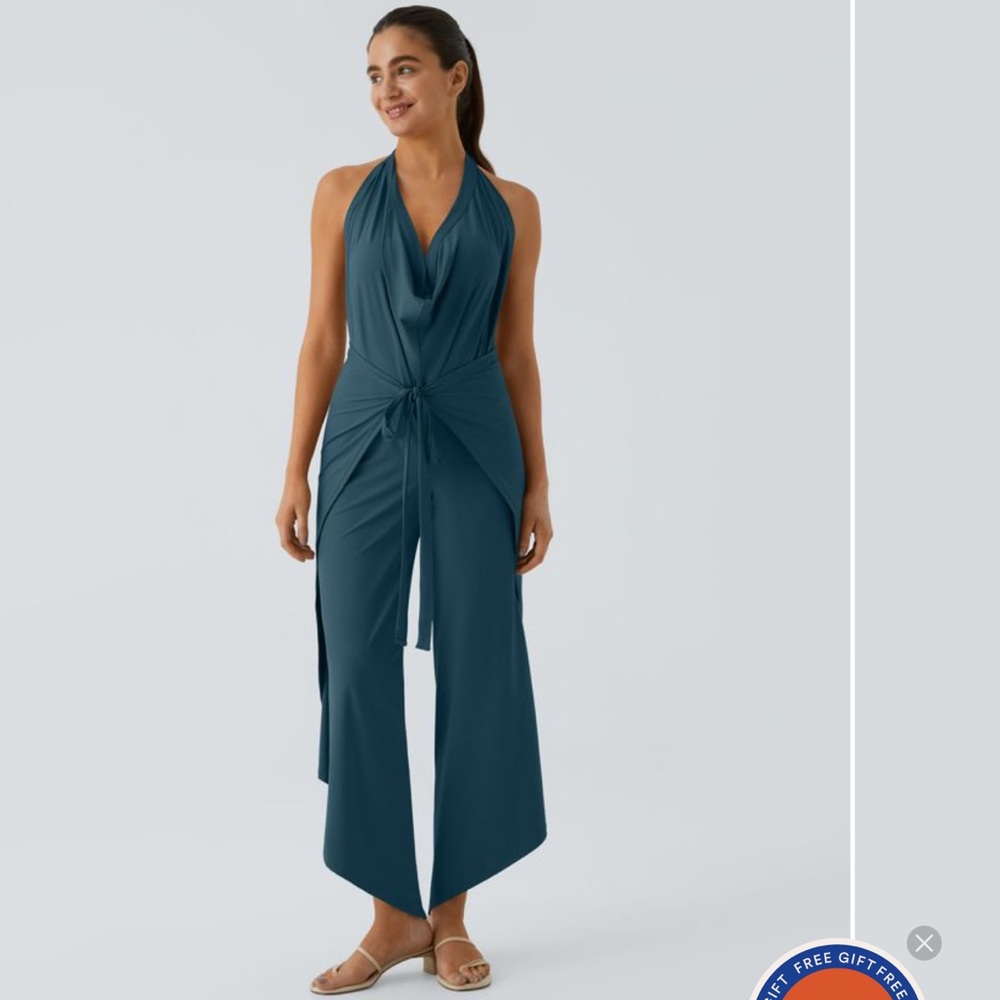 HALARA 2 Ways To Wear Onesie Jumpsuit + High Waist Palazzo Pants Split Hem Teal